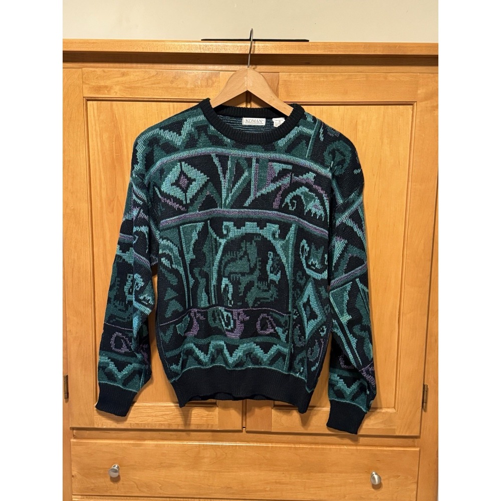 AUTHENTIC 80's Vintage Sweater KOMEN Teal And Black Bulky Knit Size Xtra Large